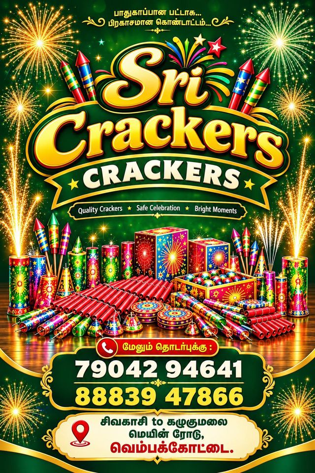 SRI Crackers poster with contact numbers 79042 94641 and 88839 47866, Sivakasi to Kazhugumalai Main Road, Vembakottai